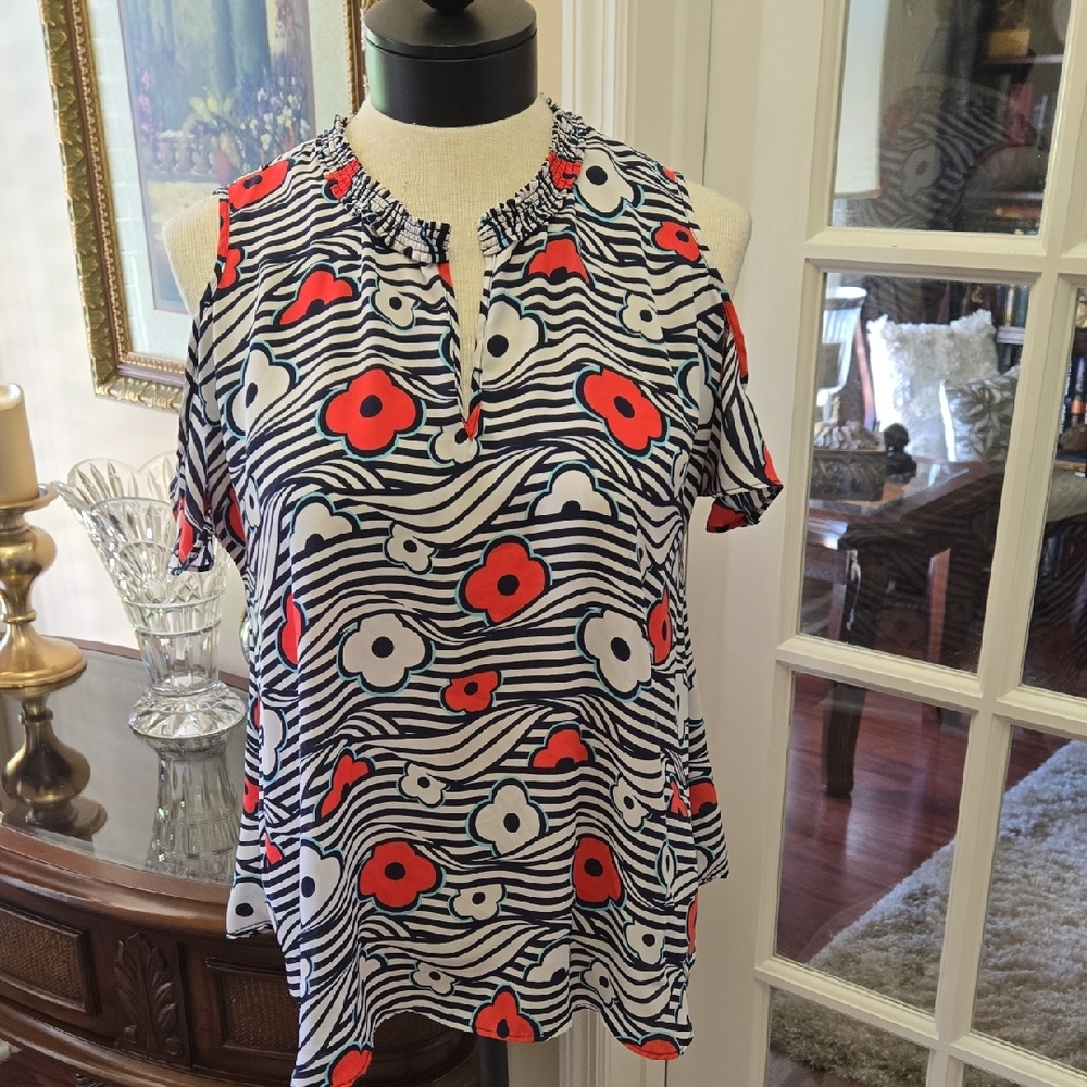 Kaari Floral Stripe Top Red Agua White Black Gathered Neck Statement Sleeve M